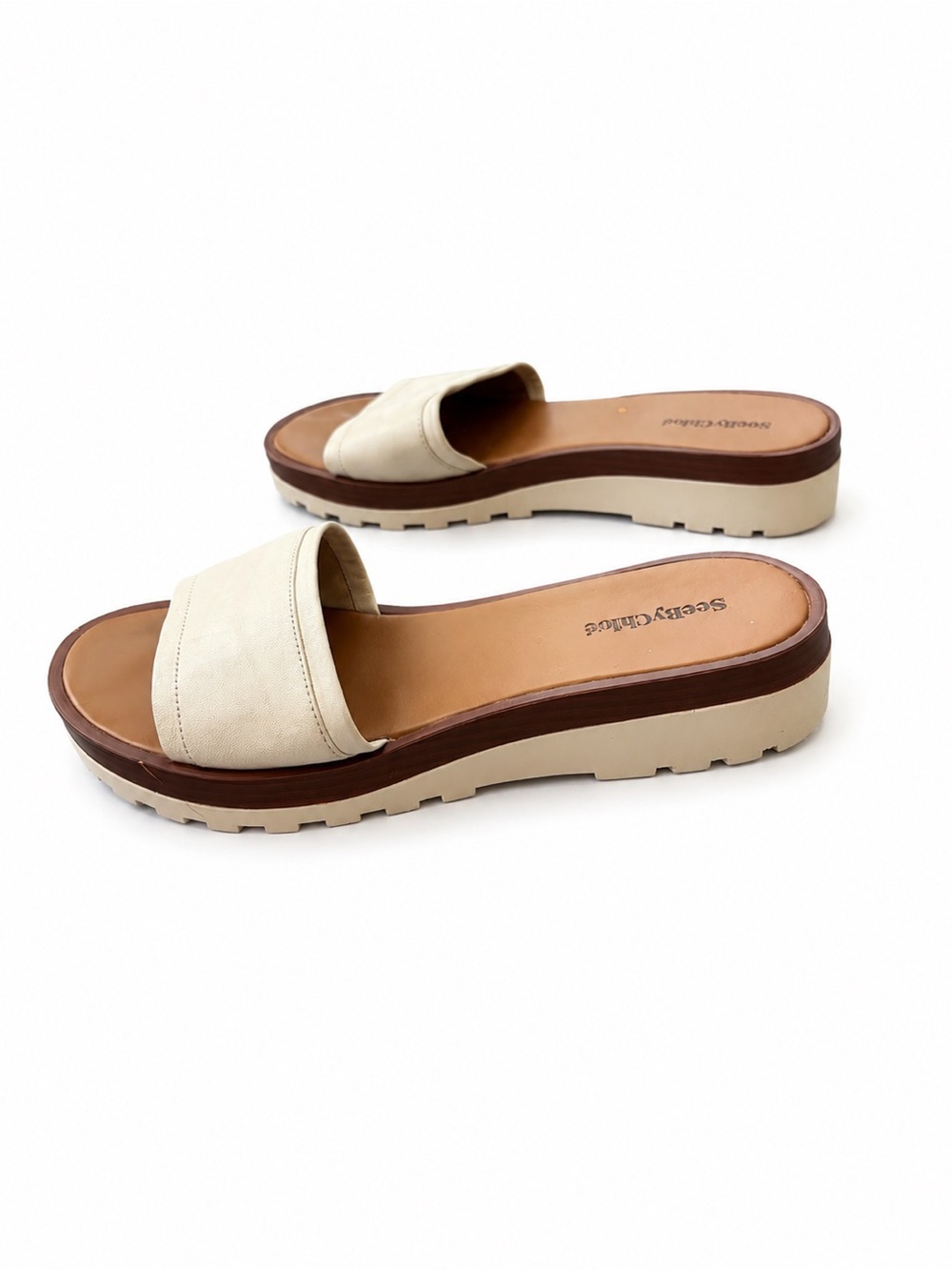 See by Chloé Platform Slide Sandals Cream Brown Size 41